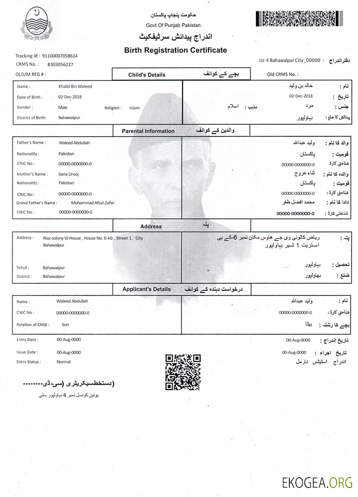 Certificat d'enregistrement de naissance au Pakistan